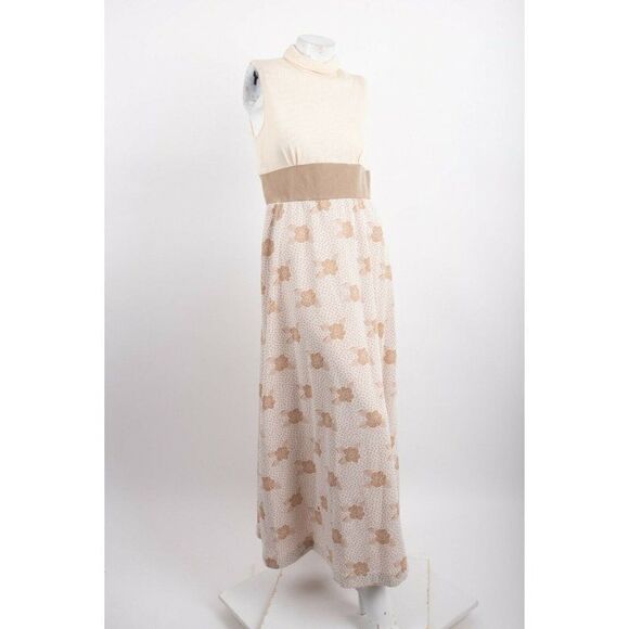 Vintage 70s Womans Maxi Dress Size 16 M Beige Tan Floral Turtleneck Sleeveless - Picture 1 of 9